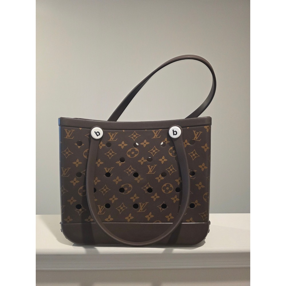 Custom Brown Monogram Rubber Tote Bag Waterproof Beach Bag Bogg Style 13x11x5